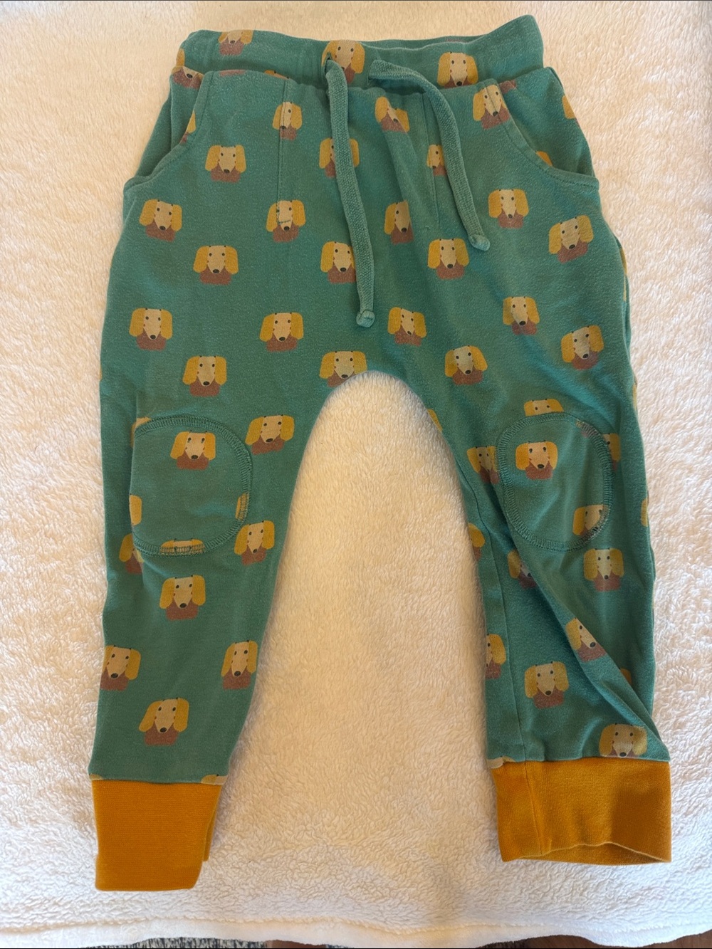 Little Green Radicals Kids Green Dog Print Jogger Pants w/ Mustard Cuffs 3-4 yrs